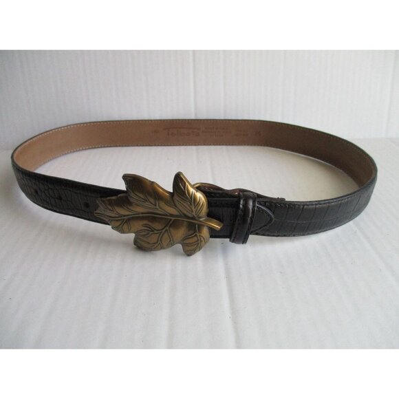 *Talbots Black Leather Croc Belt Patent Embossed Leaf Punch Buckle - Picture 2 of 7
